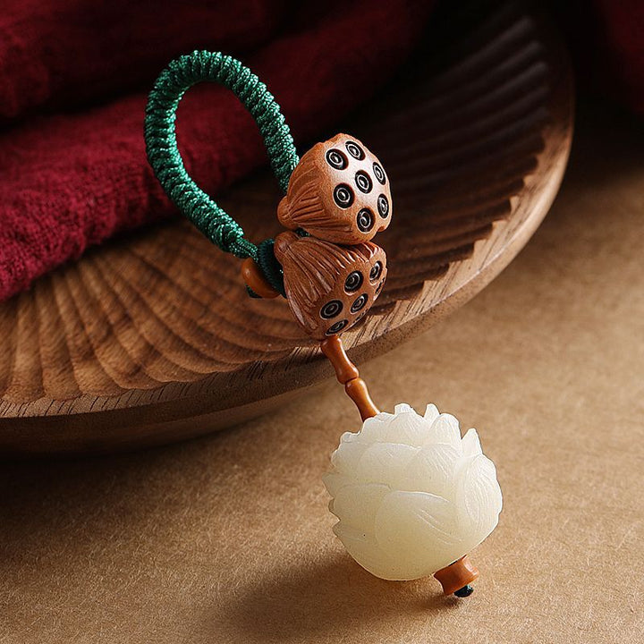 Buddha Stones Lotos Naturalny Biały Bodhi Nasiona Brzoskwiniowe Drewno Brelok Szczęścia Dekoracja