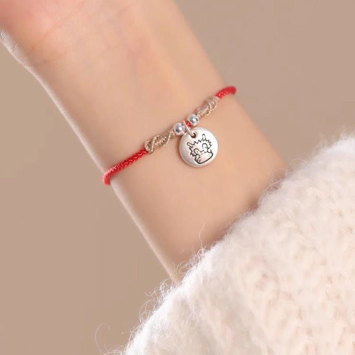 Buddha Stones Ręcznie robione 999 Srebro Sterling Rok Smoka Uroczy Chiński Zodiak Szczęście Pleciona Bransoletka