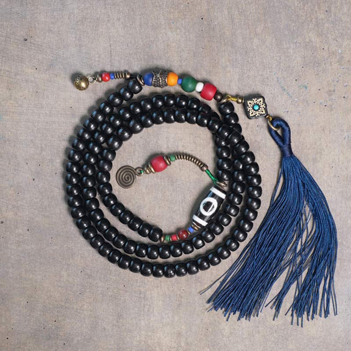 Buddha Stones 108 Koraliki Mala Ebony Drewno Dzi Koralik Miedź Równowaga Tassel Bransoletka