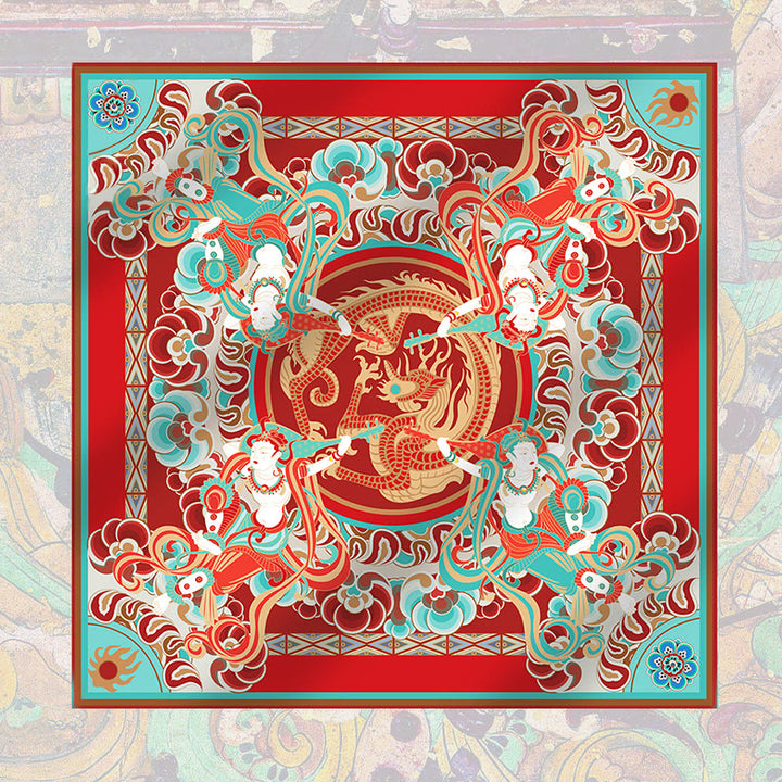 Buddha Stones Dunhuang Rebound Pipa Latające Freski 100% Jedwabny Szalik Morwowy Premium Grade 6A Szal Dunhuang