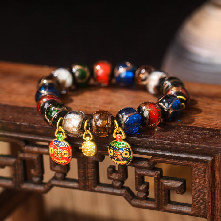 Buddha Stones Pięć Elementów Złota Połykająca Bestia Rodzina Charm Liuli Szklana Koralik Bransoletka Szczęścia