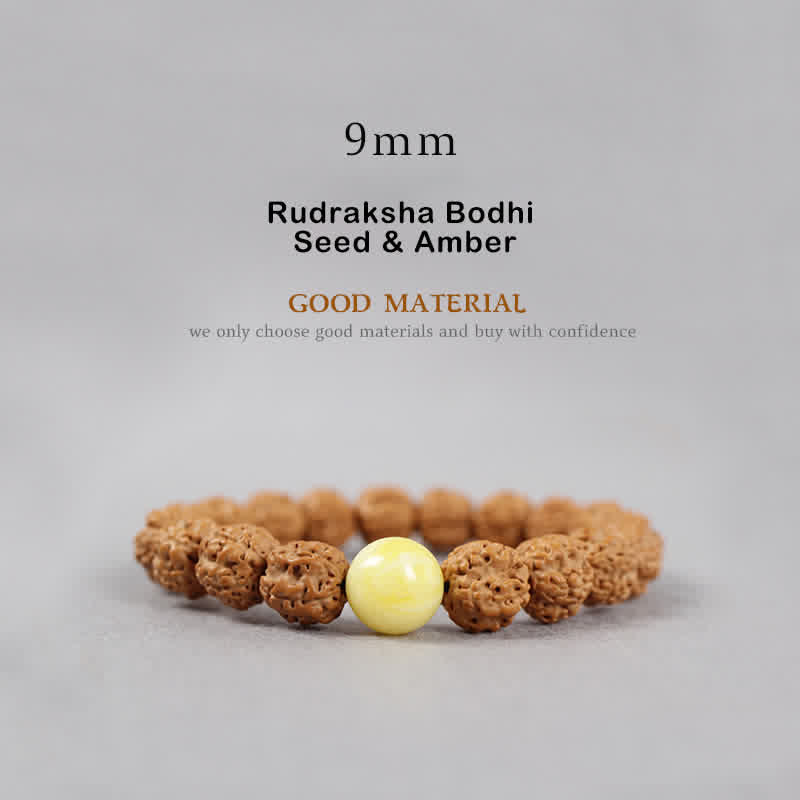 Buddha Stones Tybet Rudraksha Bodhi Nasiona Dzi Koralik Bursztyn Turkus Bransoletka Bogactwo - 9 mm - Nasiona Rudraksha Bodhi i bursztyn - image 2