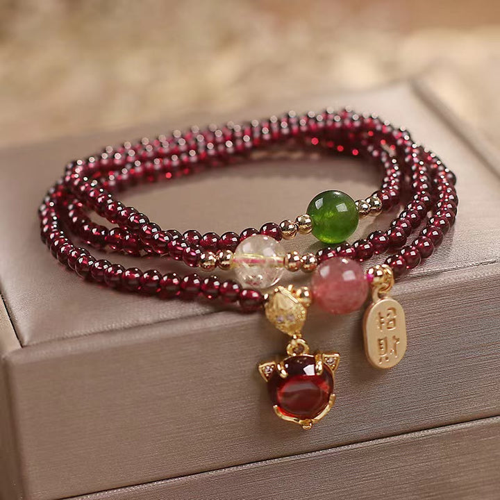 Buddha Stones Naturalny Granat Truskawkowy Kwarc Kryształ Lis Koi Ryba Pokój Klamra Fortune Ochrona Bransoletka Potrójnie Owijana