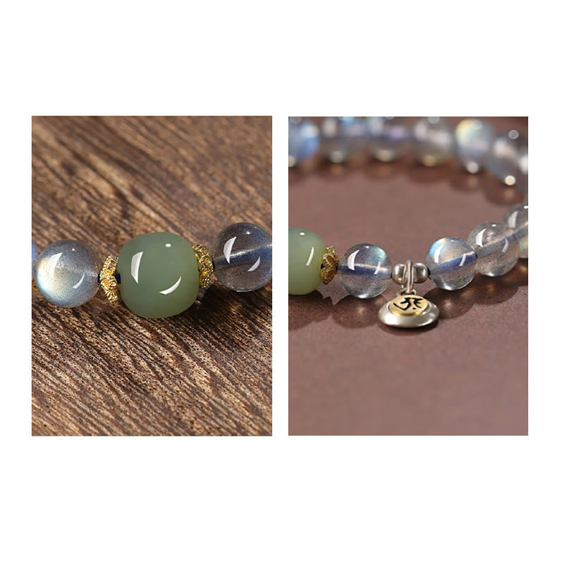 Buddha Stones Chiński Zodiak Natal Budda 925 Srebro Sterling Naturalny Kamień Księżycowy Hetian Jade Pozytywna Bransoletka