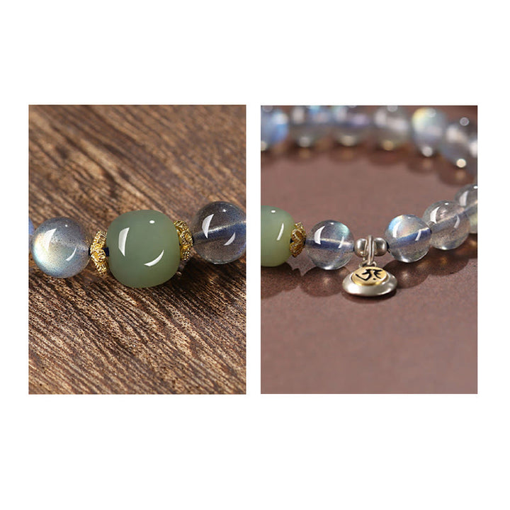 Buddha Stones Chiński Zodiak Natal Budda 925 Srebro Sterling Naturalny Kamień Księżycowy Hetian Jade Pozytywna Bransoletka
