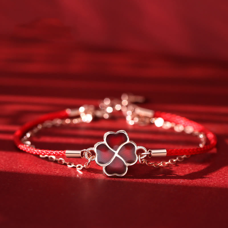 Bransoletka Buddha Stones 925 Sterling Silver Color Changing Four Leaf Clover Luck Protection Red String