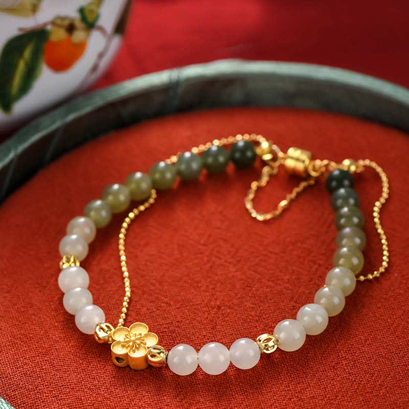 Bransoletka z Buddha Stones 925 ze srebra próby 925 z naturalnego jadeitu Hetian Peach Blossom Luck Chain