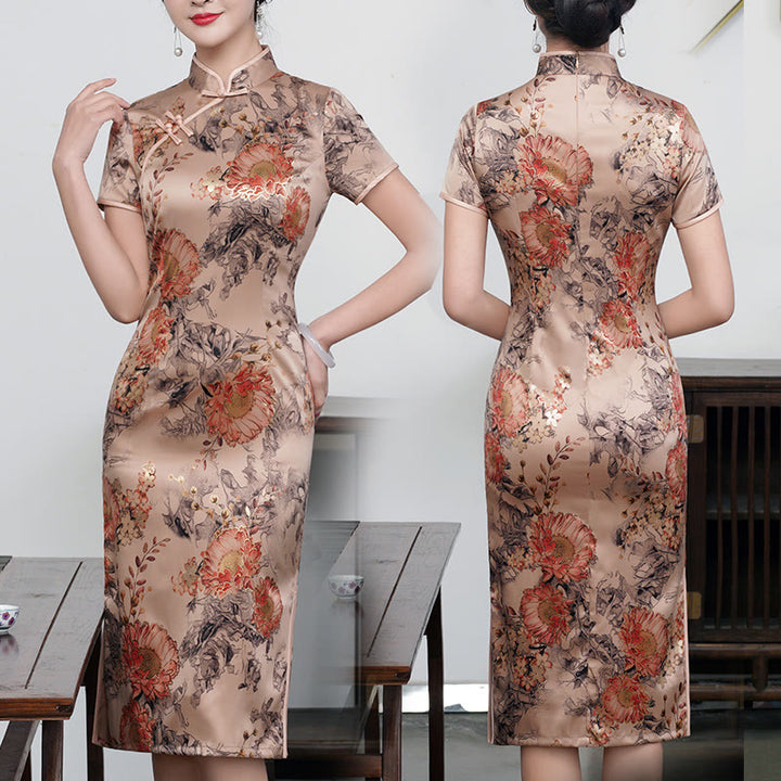 Buddha Stones Retro Kwiat Lotos Piwonia Pióro Druk Qipao Sukienka Damska Cheongsam Sukienka - Kwiat Ciemnego Szampan - US16, UK/AU20, EU48 (5XL) - image 12