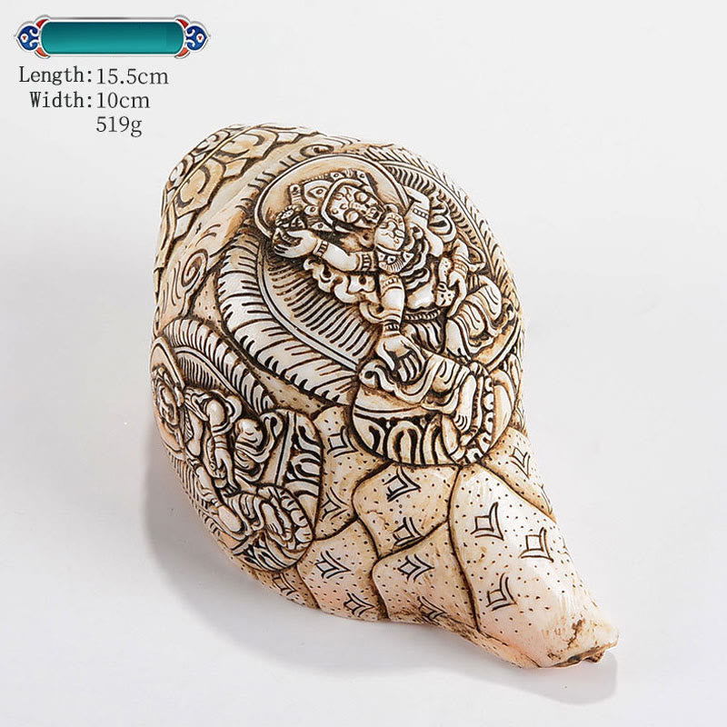 Tybetańska, ręcznie grawerowana dekoracja buddy Shankha Awalokiteśwary z muszli - Pięciu bogów bogactwa 15,5*10 cm - image 15
