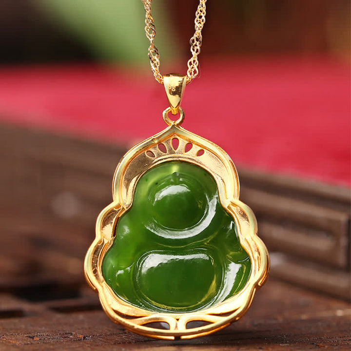 925 Srebro Sterling Naturalny Hetian Cyan Jade Śmiejący się Budda 18K Złoty Naszyjnik Uzdrawiający Łańcuszek Wisiorek - image 8