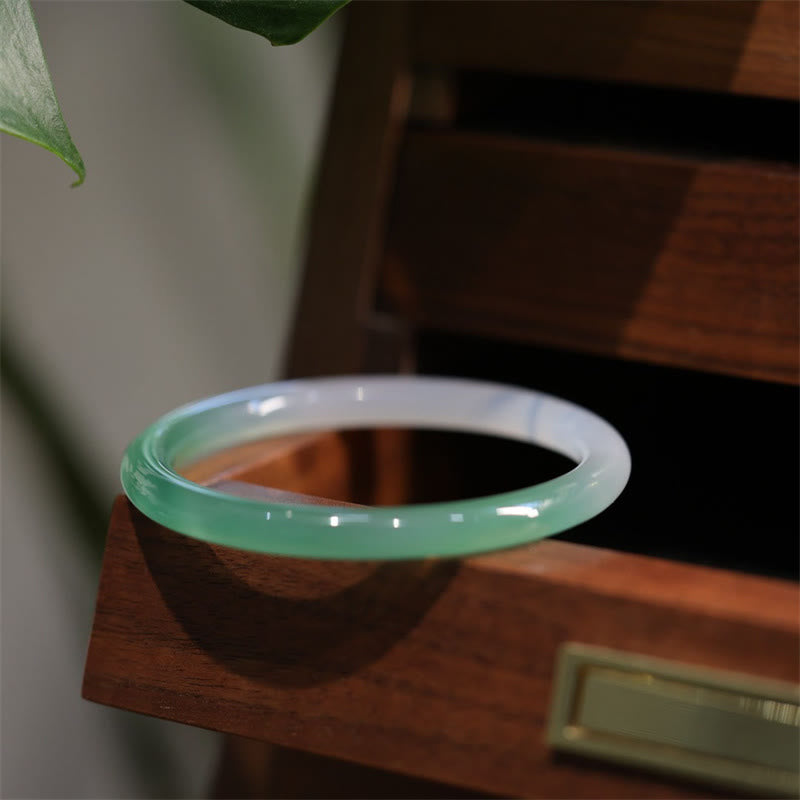 Buddha Stones Naturalny Biały I Zielony Chalcedon Agat Pozytywny Mankiet Bransoletka Bangle