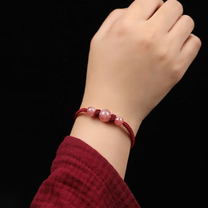 Buddha Stones Naturalny Kryształ Kwarcowy Truskawkowy Miłość Czerwona Bransoletka Tkana Sznurkiem Anklet