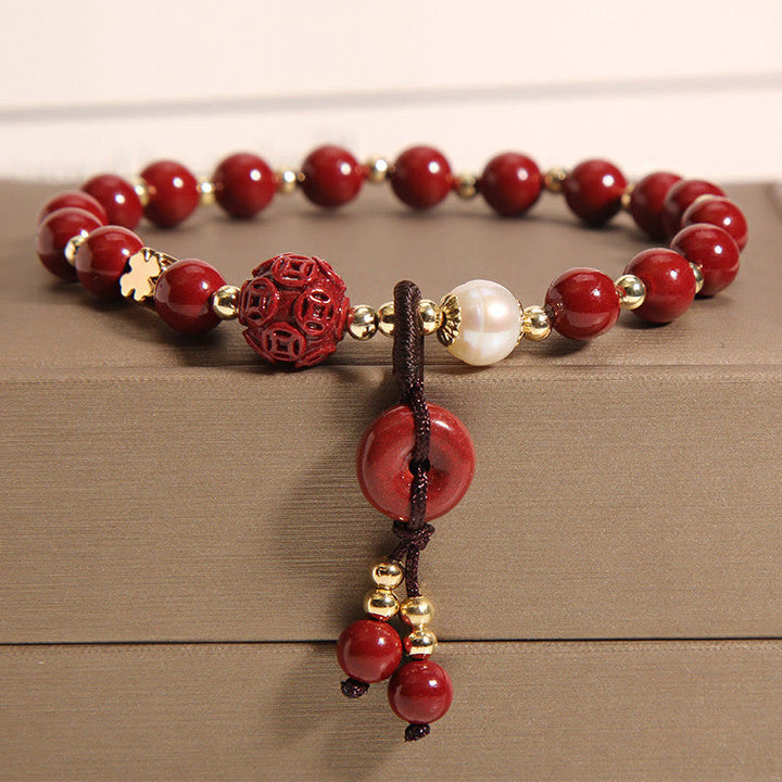 Buddha Stones Naturalny Cynober Pokoju Klamra Miedziana Moneta Charm Bransoletka Błogosławieństwo