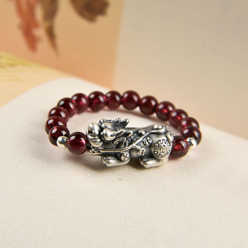 Buddha Stones 925 Srebro Sterling Naturalny Granat Kamień Księżycowy Czerwony Agat Pierścień PiXiu Wealth