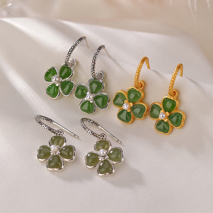 Kolczyki Buddha Stones 925 Sterling Silver Natural Cyan Jade Four Leaf Clover Luck Success