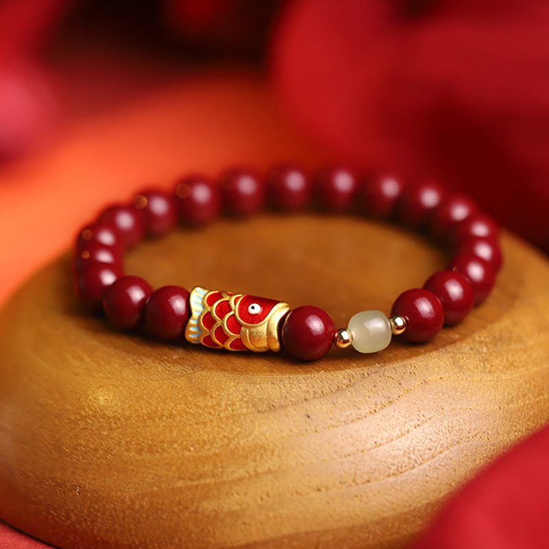 Buddha Stones Naturalne Cynober Szczęśliwe Ryby Koi Hetian Jade Koraliki Bransoletka Błogosławieństwa