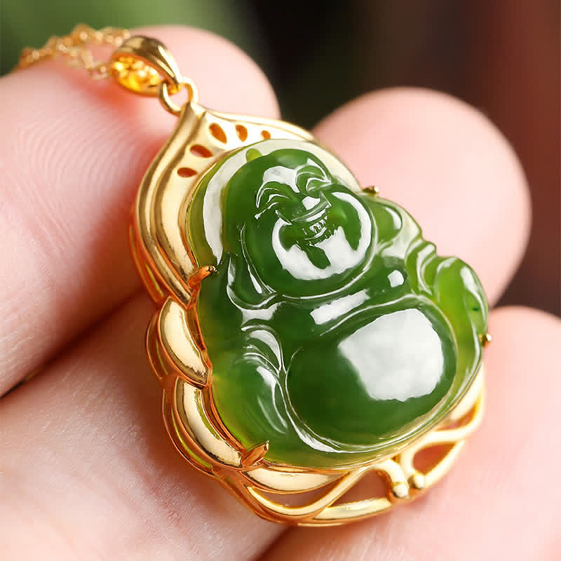 925 Srebro Sterling Naturalny Hetian Cyan Jade Śmiejący się Budda 18K Złoty Naszyjnik Uzdrawiający Łańcuszek Wisiorek - image 3