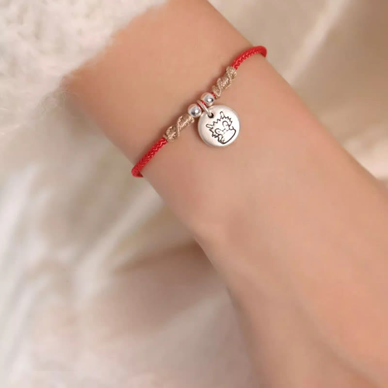 Buddha Stones Ręcznie robione 999 Srebro Sterling Rok Smoka Uroczy Chiński Zodiak Szczęście Pleciona Bransoletka