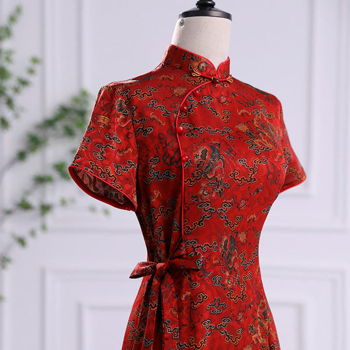 Buddha Stones Vintage Pomyślne Chmury Liście Drukuj Cheongsam Sukienka Damska Qipao