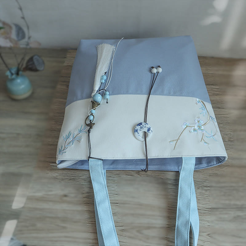 Kwiat gruszy śliwka brzoskwiniowy kwiat bambus haft płótno duża pojemność torba na ramię torba typu tote - image 19