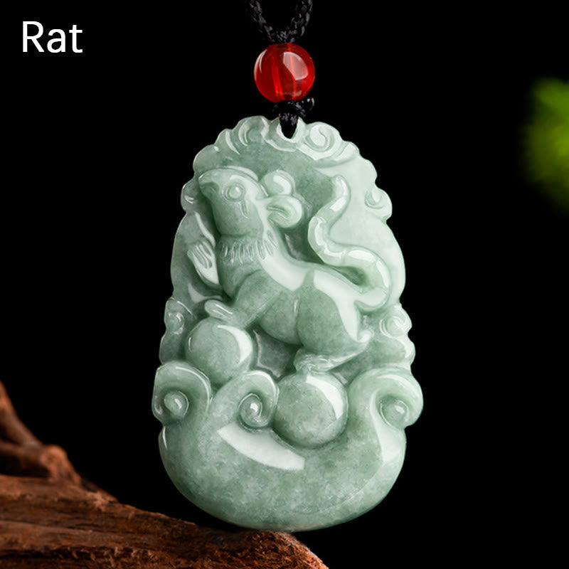 Buddha Stones Naturalny Zielony Jadeit 12 Chiński Zodiak Szczęście Dobrobyt Naszyjnik Wisiorek - Szczur - image 1