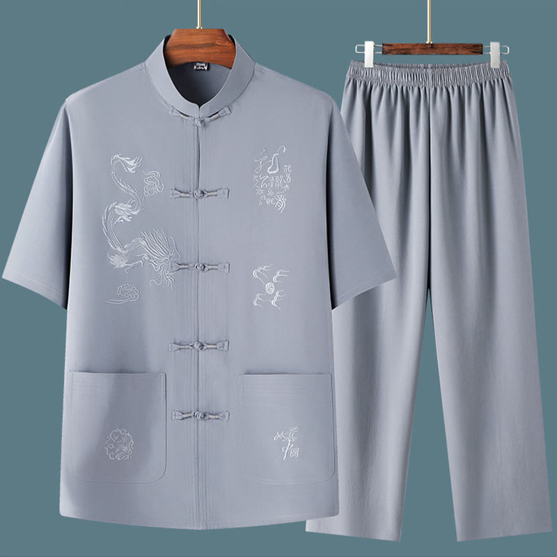 Buddha Stones Tang Suit Hanfu Chiński Smok Tradycyjny Kung Fu Jednolity Krótki Rękaw Topy i Spodnie Odzież Męska Zestaw - image 7