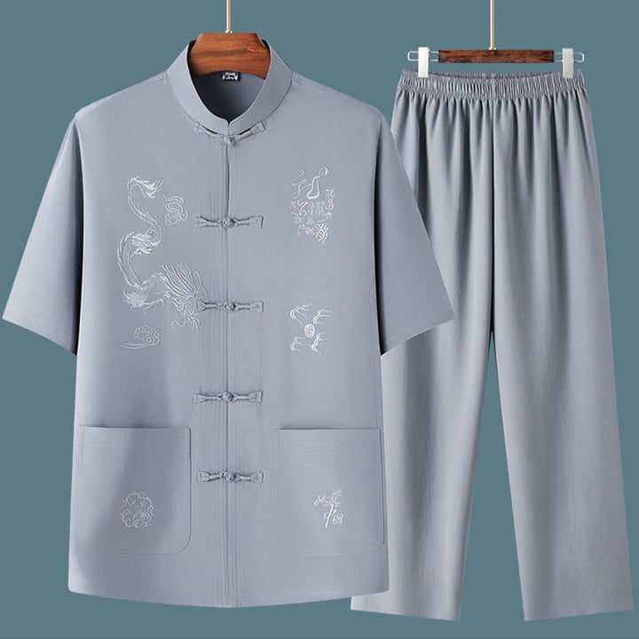Buddha Stones Tang Suit Hanfu Chiński Smok Tradycyjny Kung Fu Jednolity Krótki Rękaw Topy i Spodnie Odzież Męska Zestaw - image 7