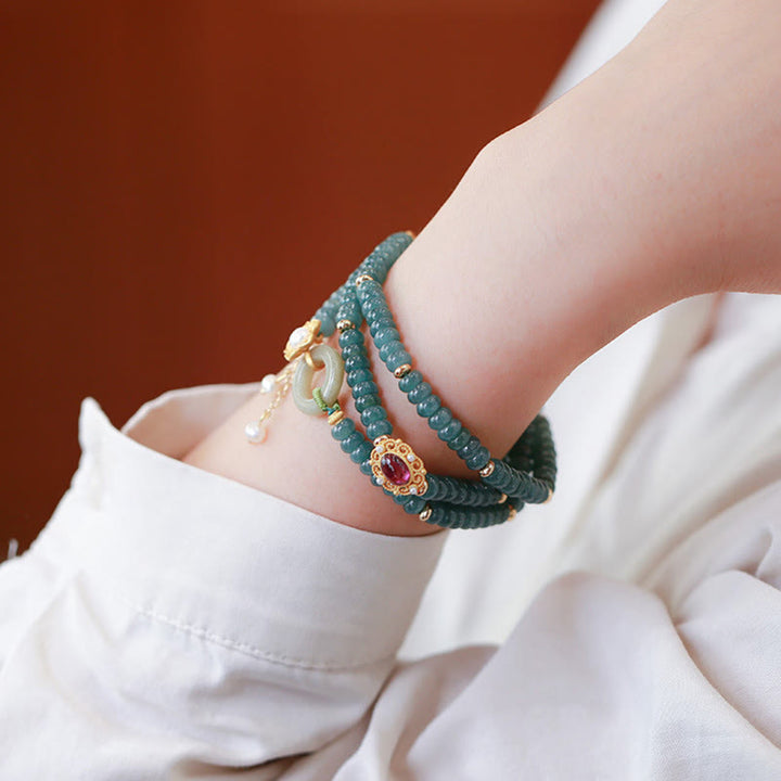 Buddha Stones 925 Srebro próby 925 Pozłacane Cyan Jade Flower Peace Buckle Bransoletka Success Triple Wrap