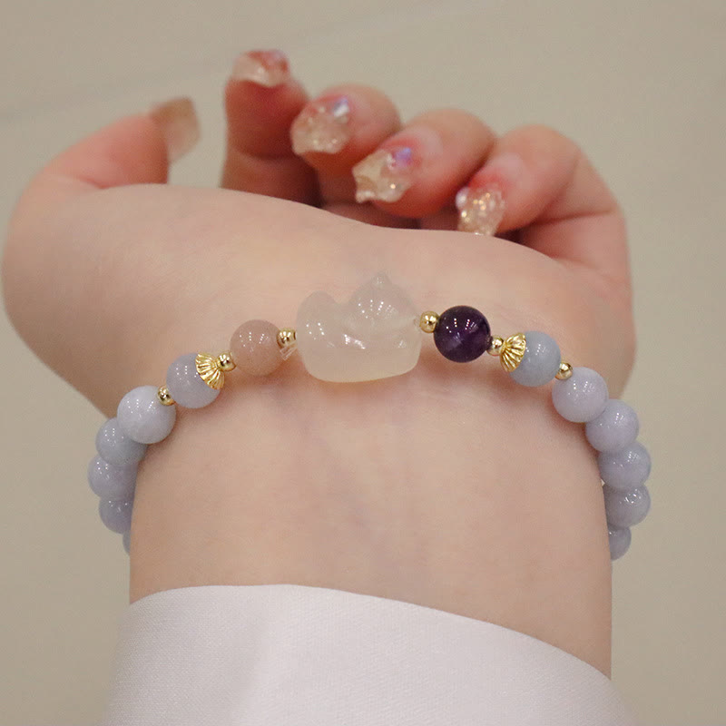 Buddha Stones Naturalny Akwamaryn Chalcedon Spokój Królik Tykwa Kot Bransoletka z zawieszkami - Akwamaryn Chalcedon Kot - image 7