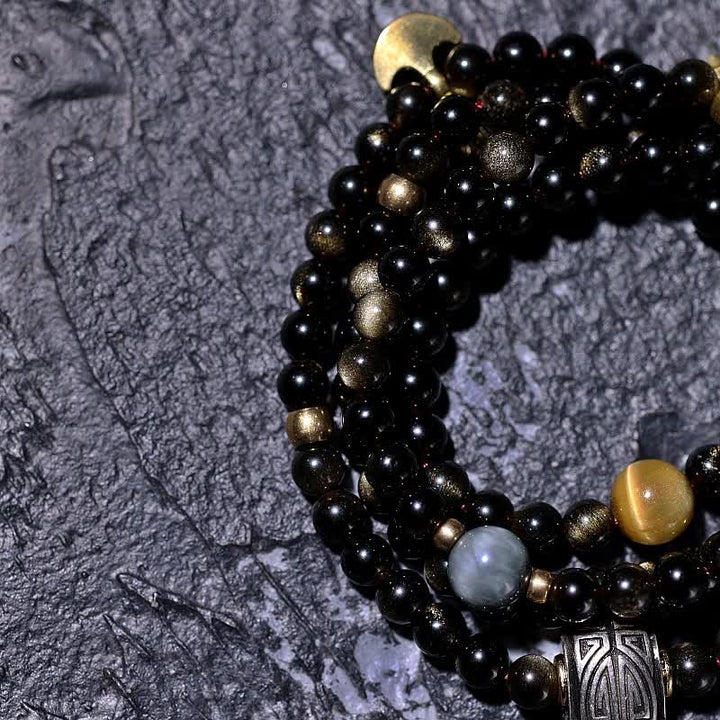 Buddha Stones 108 Mala Beads Złoty połysk Obsydian Tygrysie Oko Orle Oko Kamień Bransoletka Bogactwa