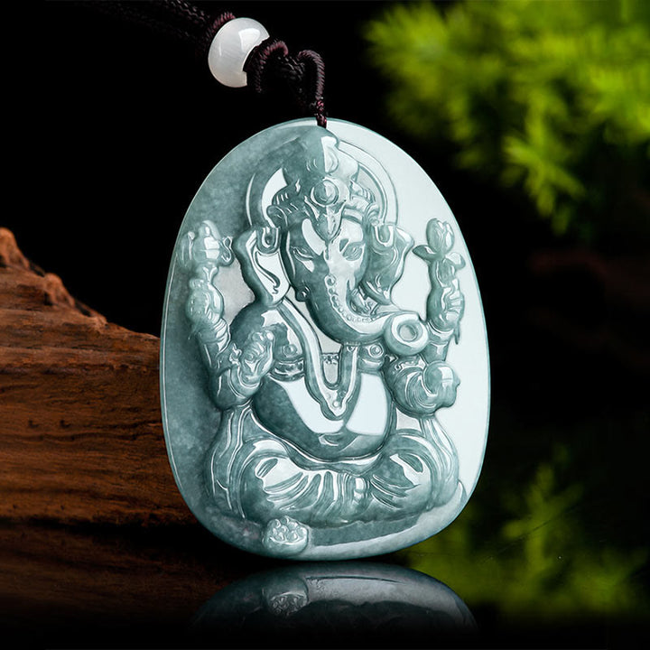 Buddha Stones Naturalny Jadeit Ganesh Ganpati Ochrona Słonia Amulet Naszyjnik Wisiorek