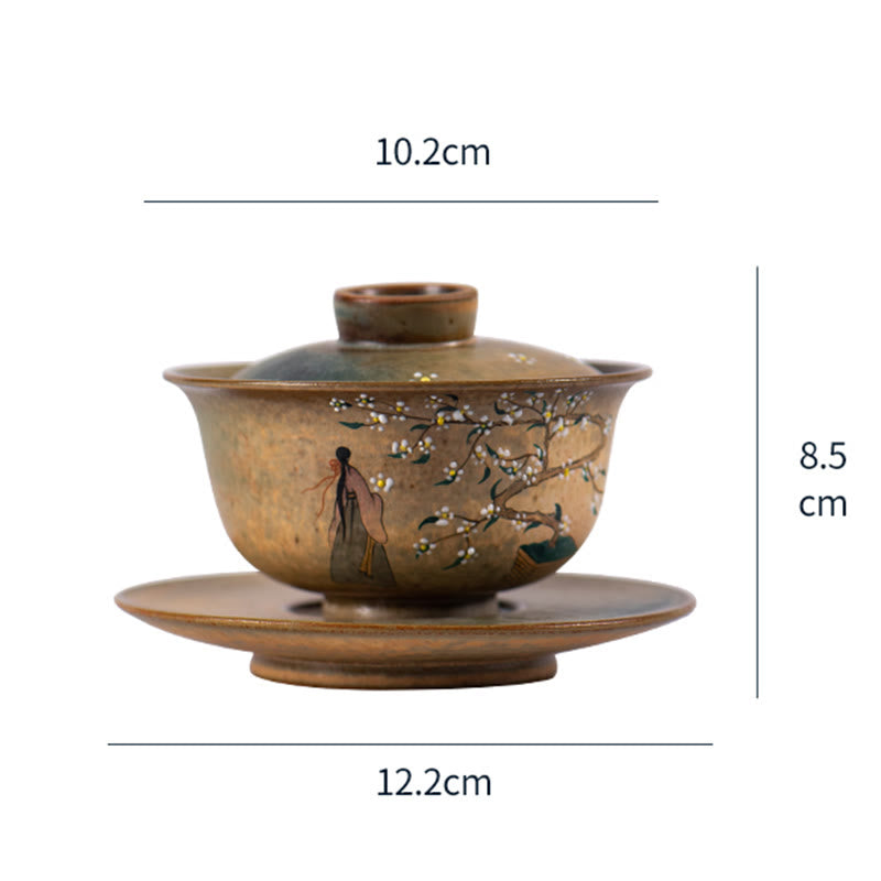 Buddha Stones Jingdezhen Malowana ręcznie porcelana Ru Kiln Hanfu Dziewczyna Kwiat Ceramiczny Gaiwan Sancai Filiżanka Kung Fu Filiżanka I Spodek Z Pokrywką
