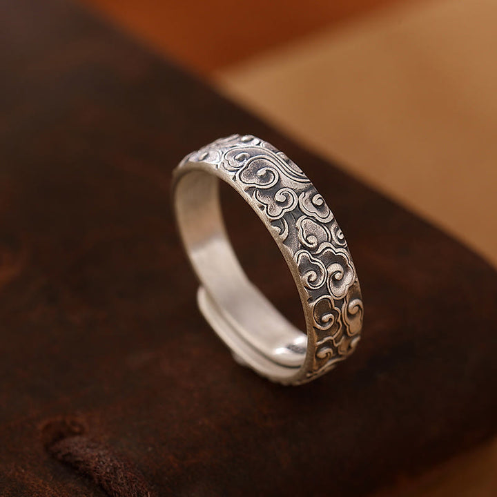 Buddha Stones 999 Srebro Sterling Kwiat Lotosu Śliwka Kwiat Pomyślne Chmury Grawerowany Pierścień Oświecenia