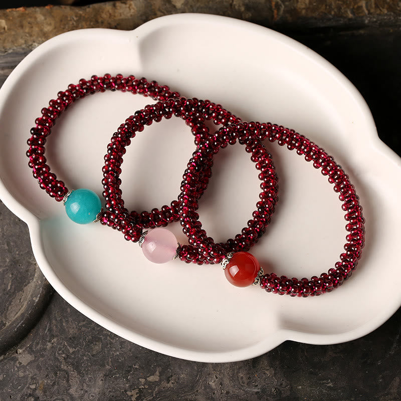 Buddha Stones Naturalny Granat Różowy Kryształ Czerwony Agat Amazonit Koraliki Bransoletka Ochronna
