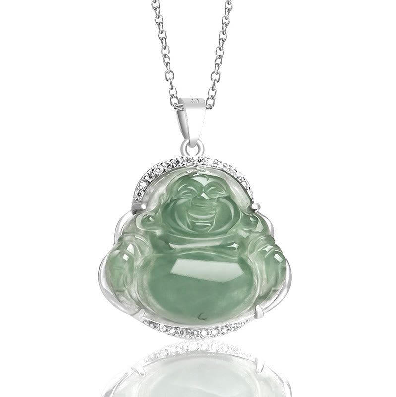 Buddha Stones Śmiejący się Budda Naturalny Jadeit Szczęście Dobrobyt Tytanowy Stalowy Łańcuszek Wisiorek - image 1