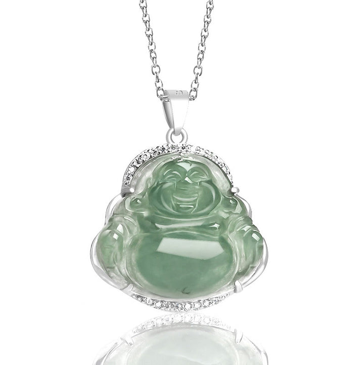 Buddha Stones Śmiejący się Budda Naturalny Jadeit Szczęście Dobrobyt Tytanowy Stalowy Łańcuszek Wisiorek - image 1