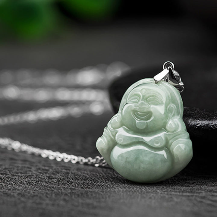 Naszyjnik z Buddha Stones z jadeitu, błogosławieństwem i śmiejącym się Buddą, wykonany ze stali tytanowej - image 5