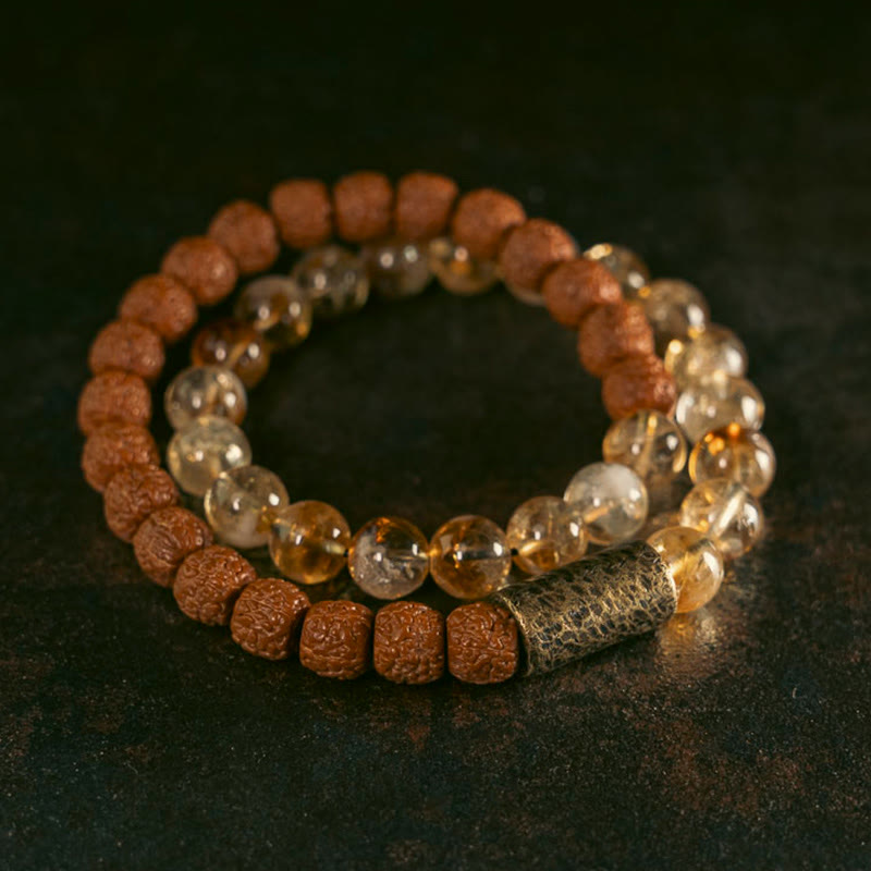 Buddha Stones Naturalny Kryształ Cytrynu Rudraksha Bodhi Nasiona Mosiężne Koraliki Dobrobytu Podwójnie Owijana Bransoletka