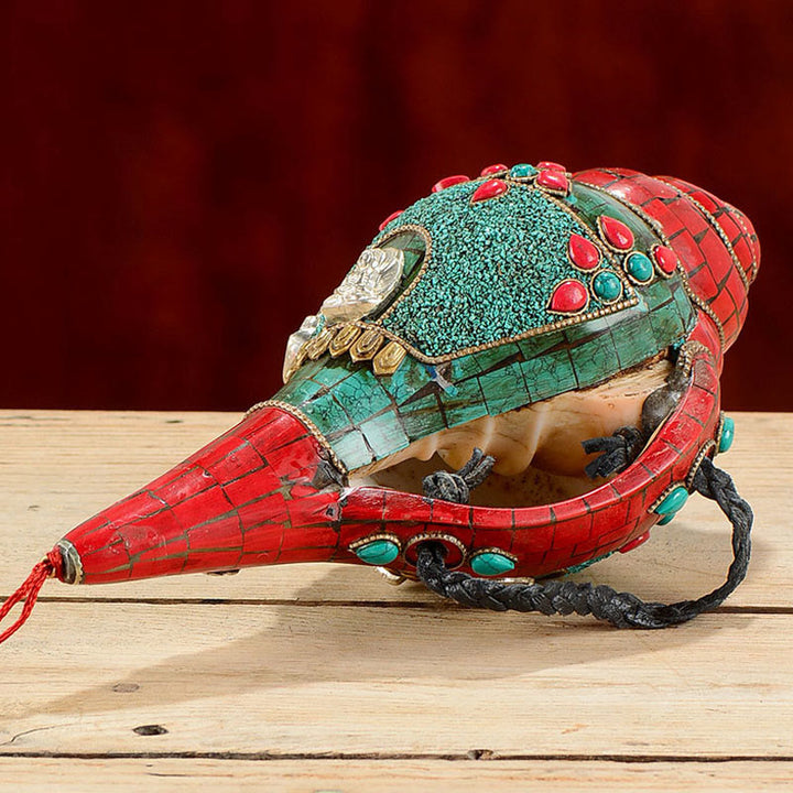 Tybetańska, ręcznie robiona Shankha Om Mani Padme Hum Budda Avalokitesvara turkusowa muszla pozytywna dekoracja - image 3