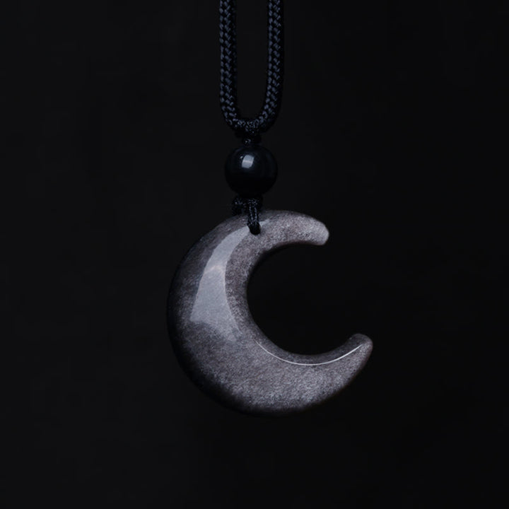 Buddha Stones Naturalny Srebrny Połysk Obsydian Selenit Kryształ Półksiężyc Yin Yang Para Ochrona Naszyjnik Wisiorek - image 3