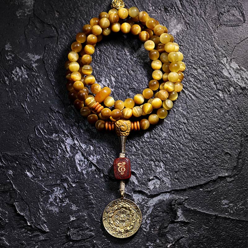 Buddha Stones 108 Mala Koraliki Naturalne Tygrysie Oko Miedź Dorje Ochrona Bransoletka z Chwostem