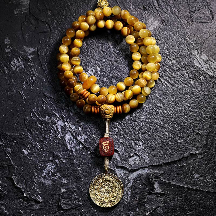 Buddha Stones 108 Mala Koraliki Naturalne Tygrysie Oko Miedź Dorje Ochrona Bransoletka z Chwostem