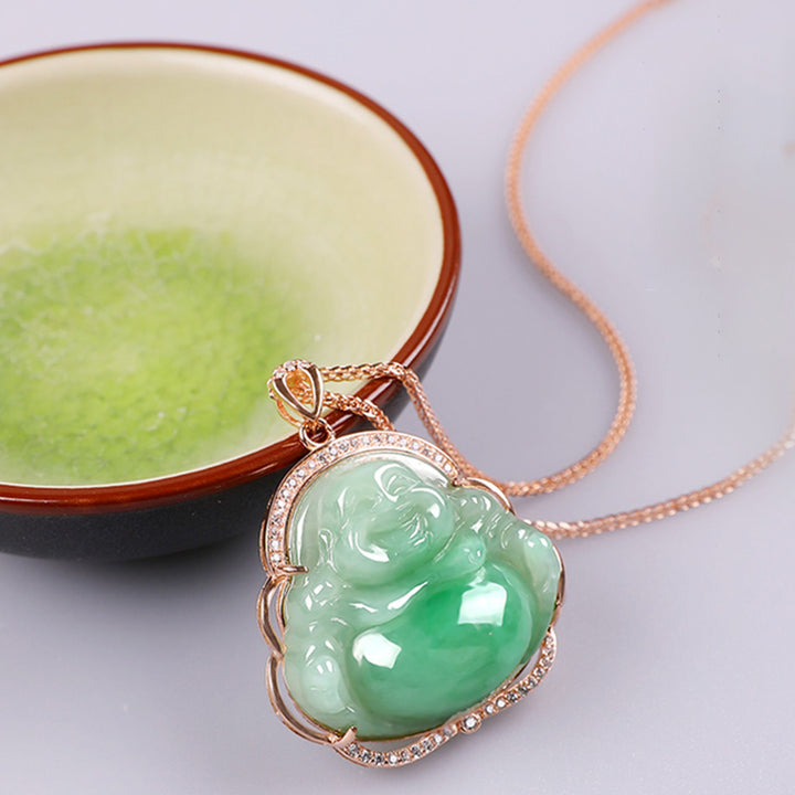 925 Srebrny naszyjnik z naturalnym jadeitem i śmiejącym się Buddą, łańcuszek z wisiorkiem - image 1