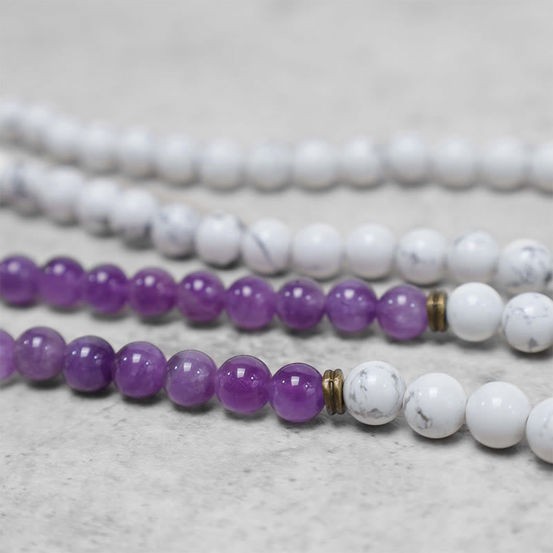 Buddha Stones 108 Mala Beads Ametyst Biały Turkus OM Healing Medytacja Energia Bransoletka