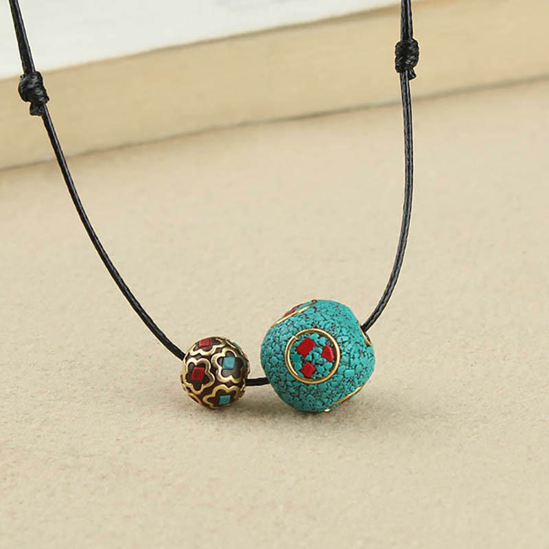Buddha Stones Tybetański Turkus Podwójny Koralik Ochrona Siła Naszyjnik Wisiorek