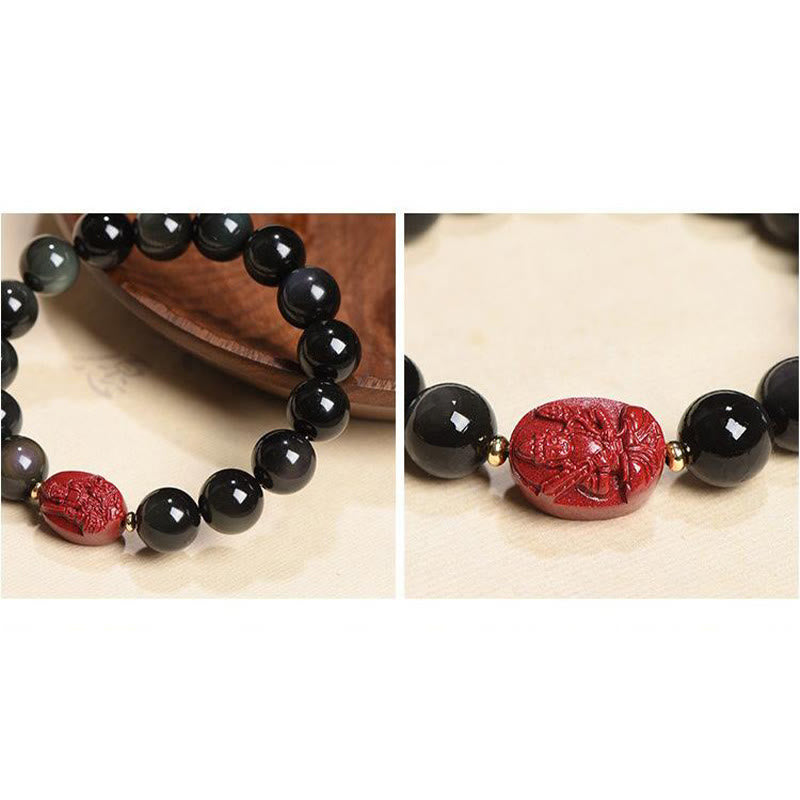 Buddha Stones Chiński Zodiak Natal Budda Naturalny Czarny Obsydian Cynober Oczyszczająca Bransoletka