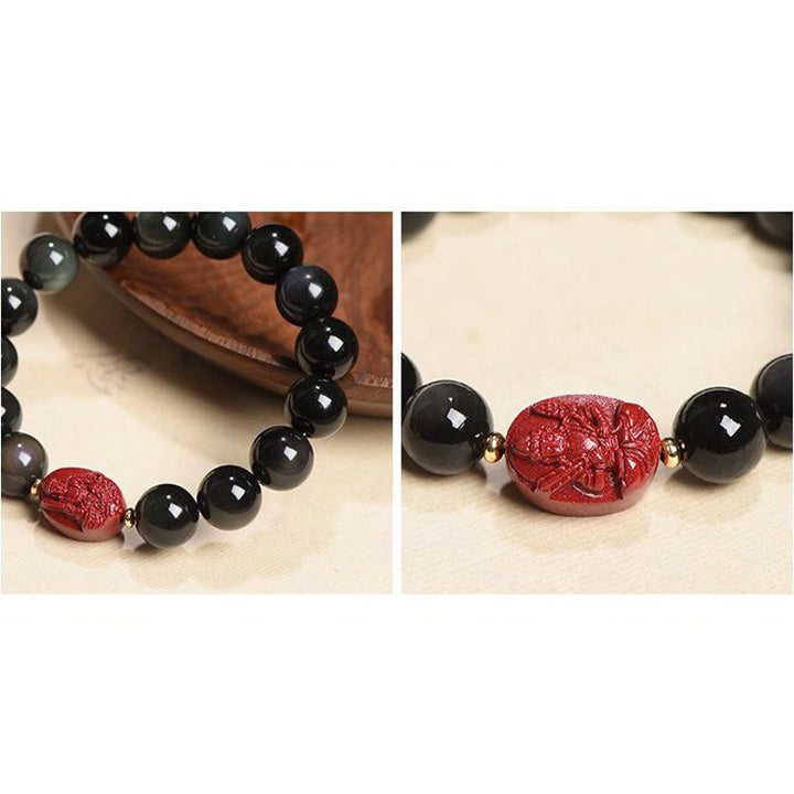 Buddha Stones Chiński Zodiak Natal Budda Naturalny Czarny Obsydian Cynober Oczyszczająca Bransoletka