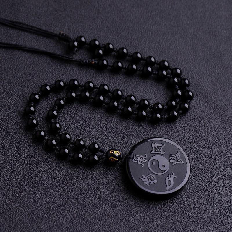 Buddha Stones Naturalny Czarny Obsydian Taoizm Pięć Świętych Gór Dziewięcioznakowa Mantra Rzeźbiona Siła Yin Yang Naszyjnik Wisiorek Brelok - Czarny obsydian i łańcuszek koralikowy - image 5