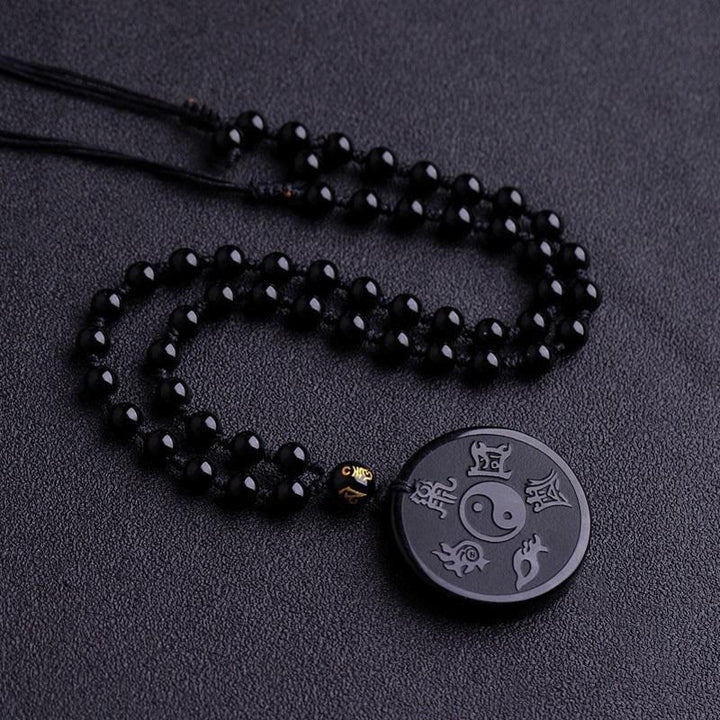 Buddha Stones Naturalny Czarny Obsydian Taoizm Pięć Świętych Gór Dziewięcioznakowa Mantra Rzeźbiona Siła Yin Yang Naszyjnik Wisiorek Brelok - Czarny obsydian i łańcuszek koralikowy - image 5