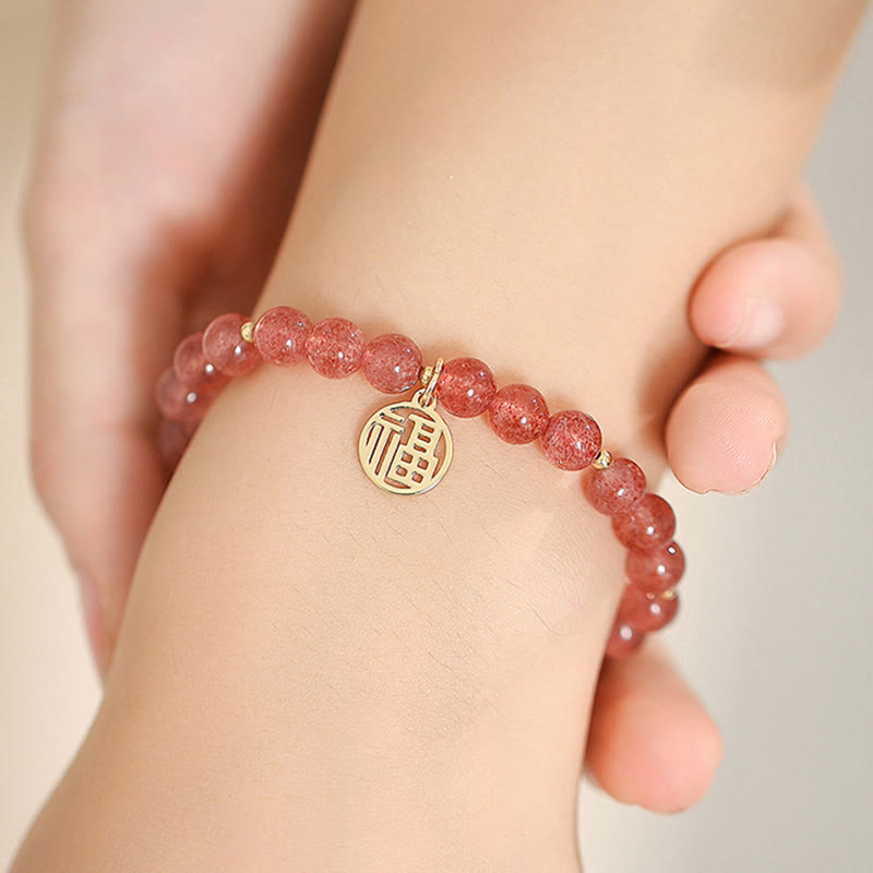 Bransoletka z Buddha Stones 14K pozłacana kwarcem truskawkowym Fu Character Healing Charm